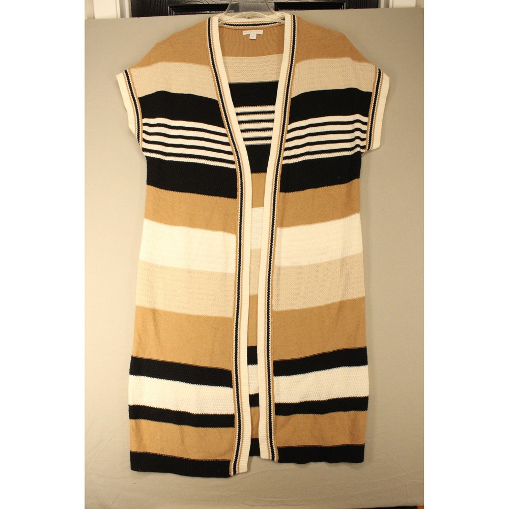 New York & Company Cardigan Longline Women S Tan Black Cotton Knit Vest Preppy